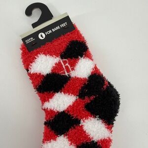 For Bare Feet OSFM Houston Rockets Red Black Argyle Fuzzy Crew‎ Socks NWT